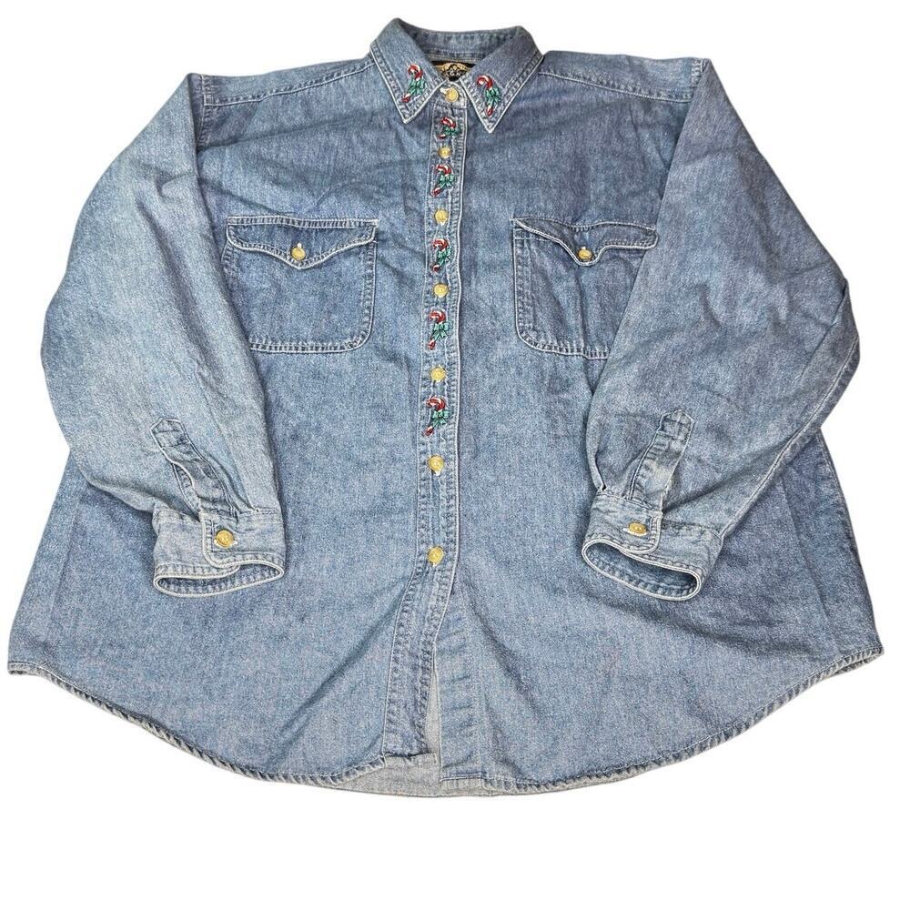 Vintage Christmas Women's sz Large/XL Denim Shirt Candy Cane Embroidery LS